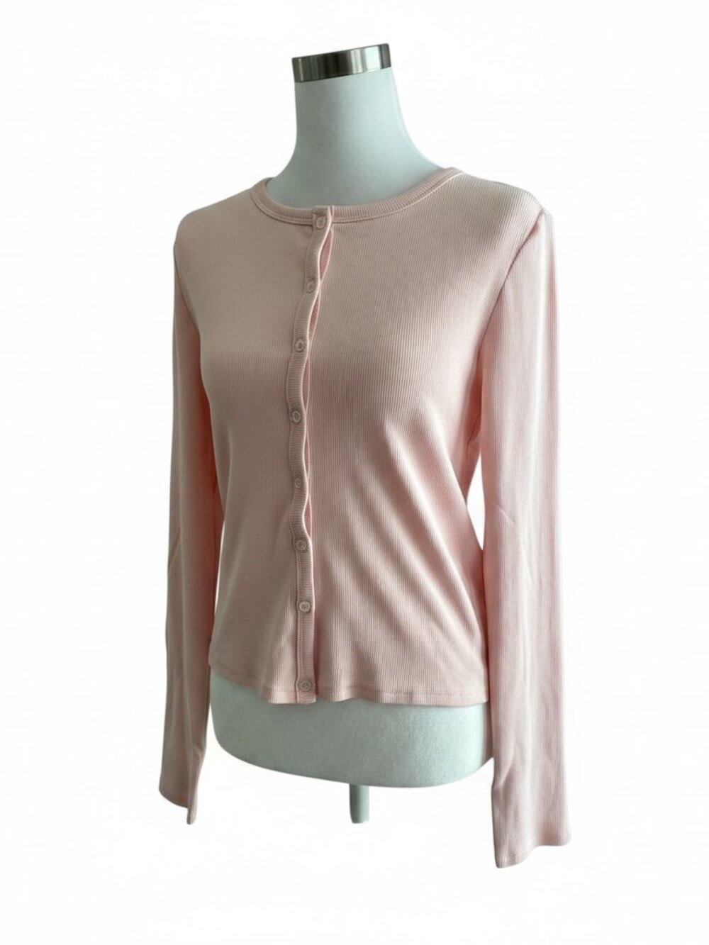 Streetwear Society Soft Pink Ribbed Button-Front Crewneck Cardigan - Size Large